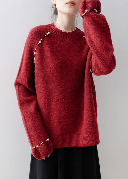 Red O Neck Nail Bead Knit Sweater Spring