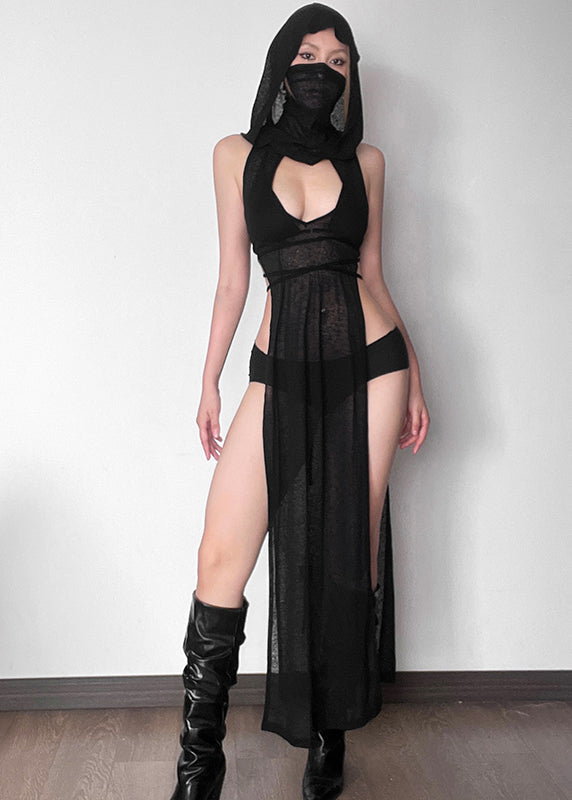 Black Side Open Hollow Out Hooded Sleeveless Dress
