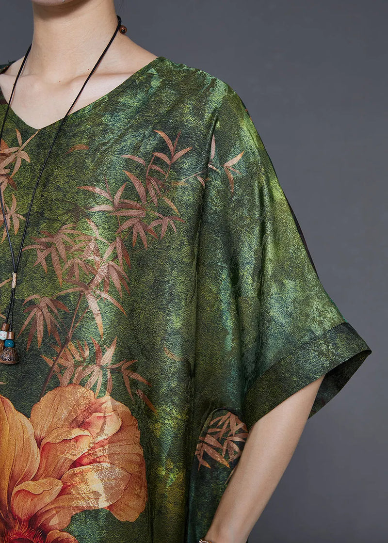 Green V Neck Print Silk Robe Dresses Summer