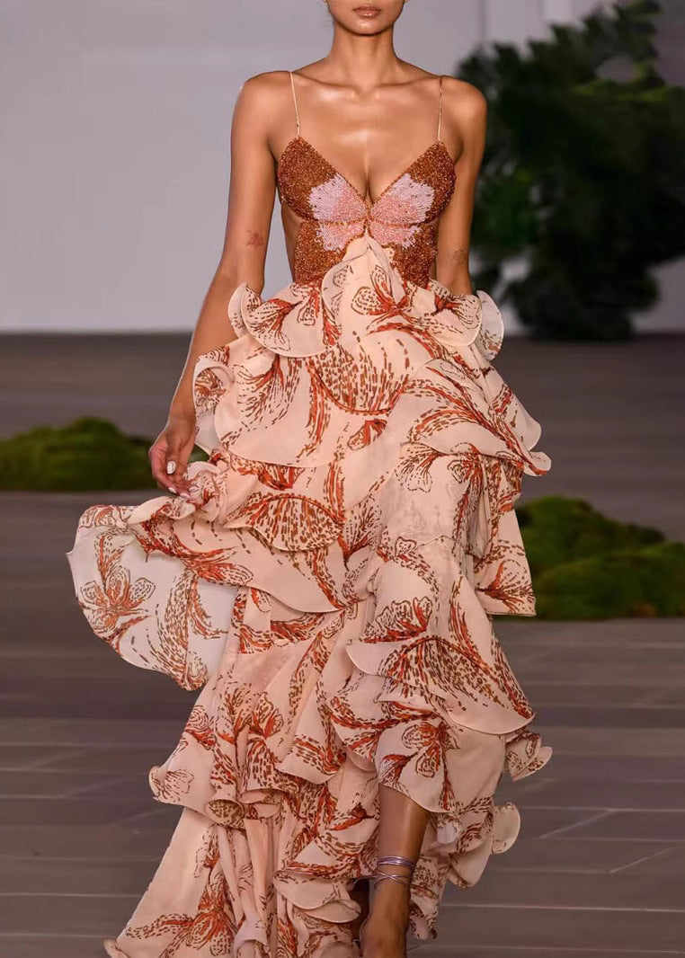 Italian Ruffled Backless Chiffon Spaghetti Strap Dresses Summer