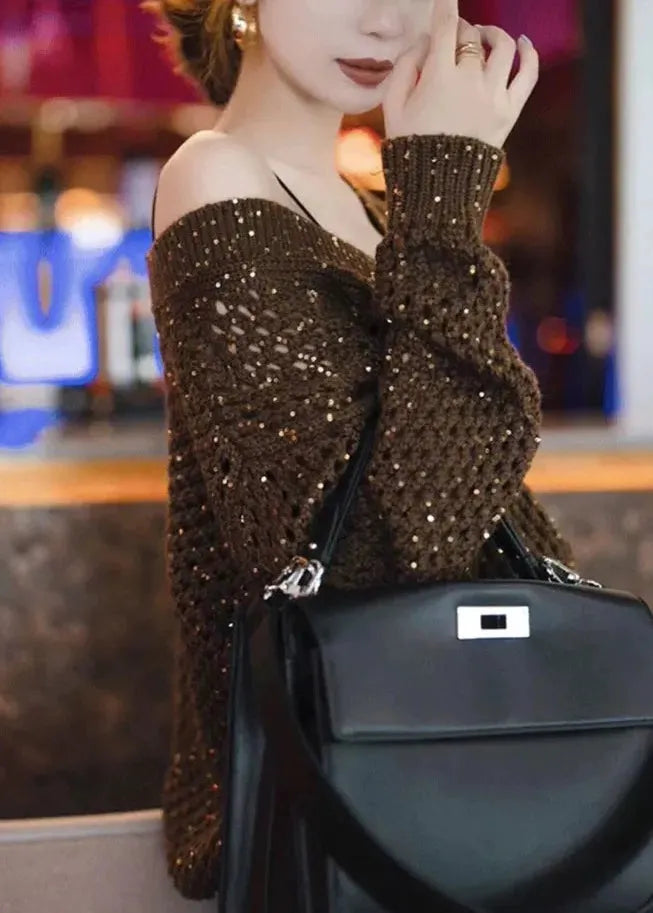 Handmade Coffee Sequins Hollow Out Cozy Knit Sweater Spring