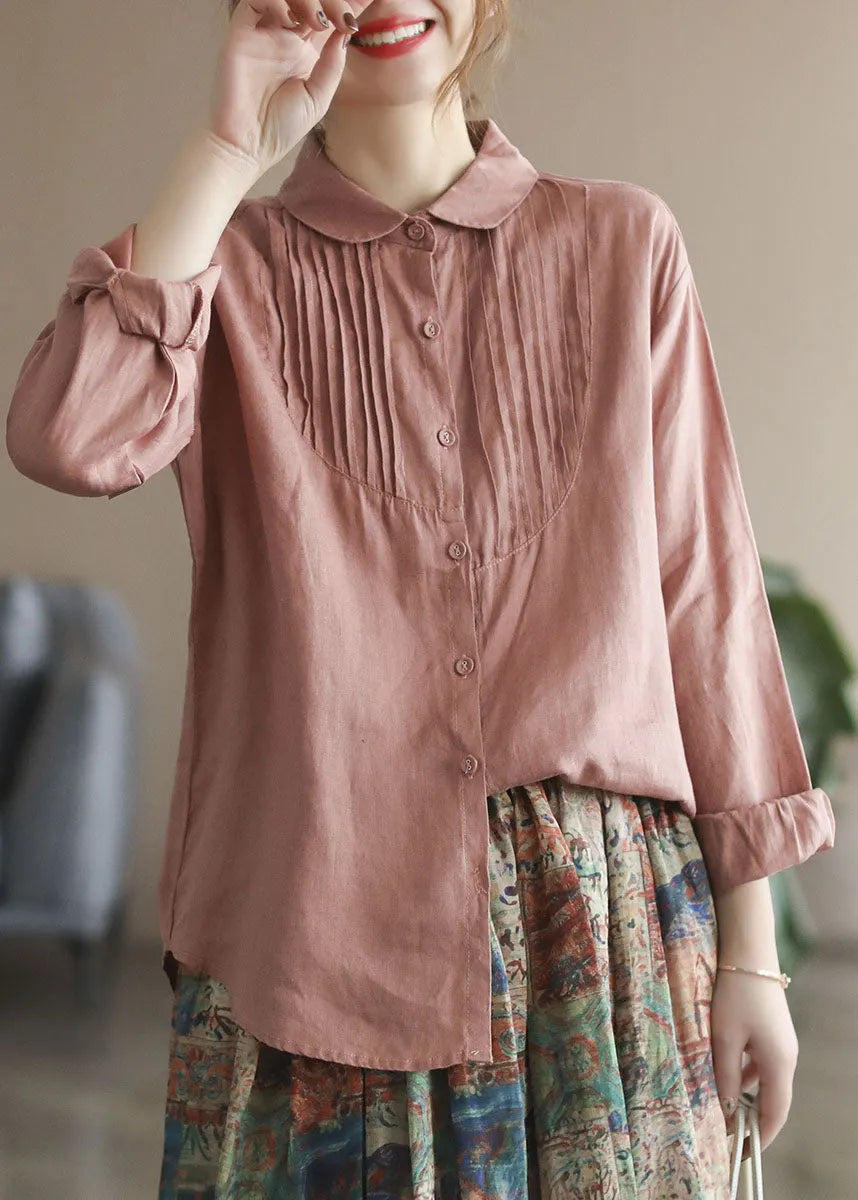 Rose Peter Pan Collar Wrinkled Button Linen Shirt Tops Long Sleeve