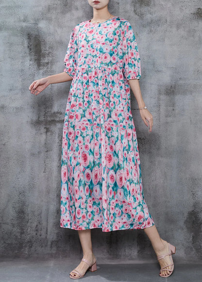 French Pink Print Cotton Long Dress Summer
