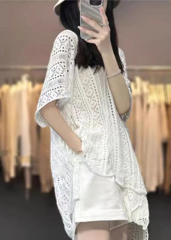 White V Neck Hollow Out Knit T Shirts Summer