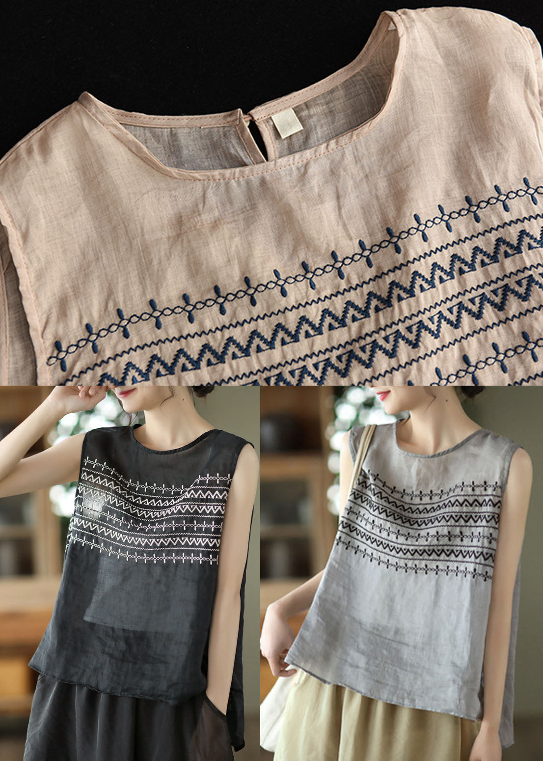 Grey Linen Tank Tops Button Embroidered Sleeveless