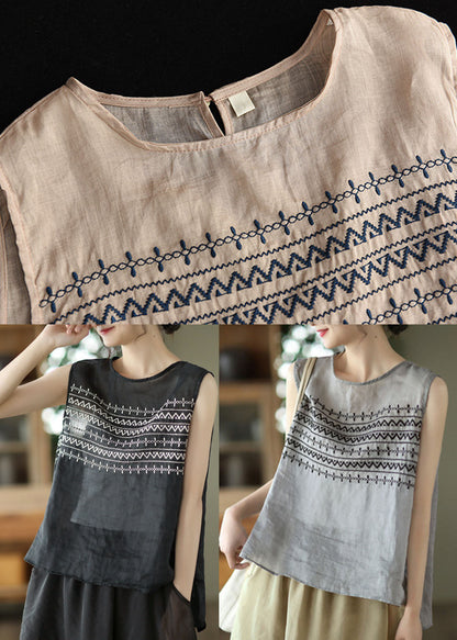 Grey Linen Tank Tops Button Embroidered Sleeveless