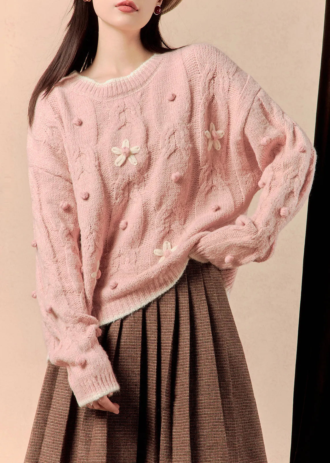 Pink Cozy Cotton Knit Sweaters O Neck Spring