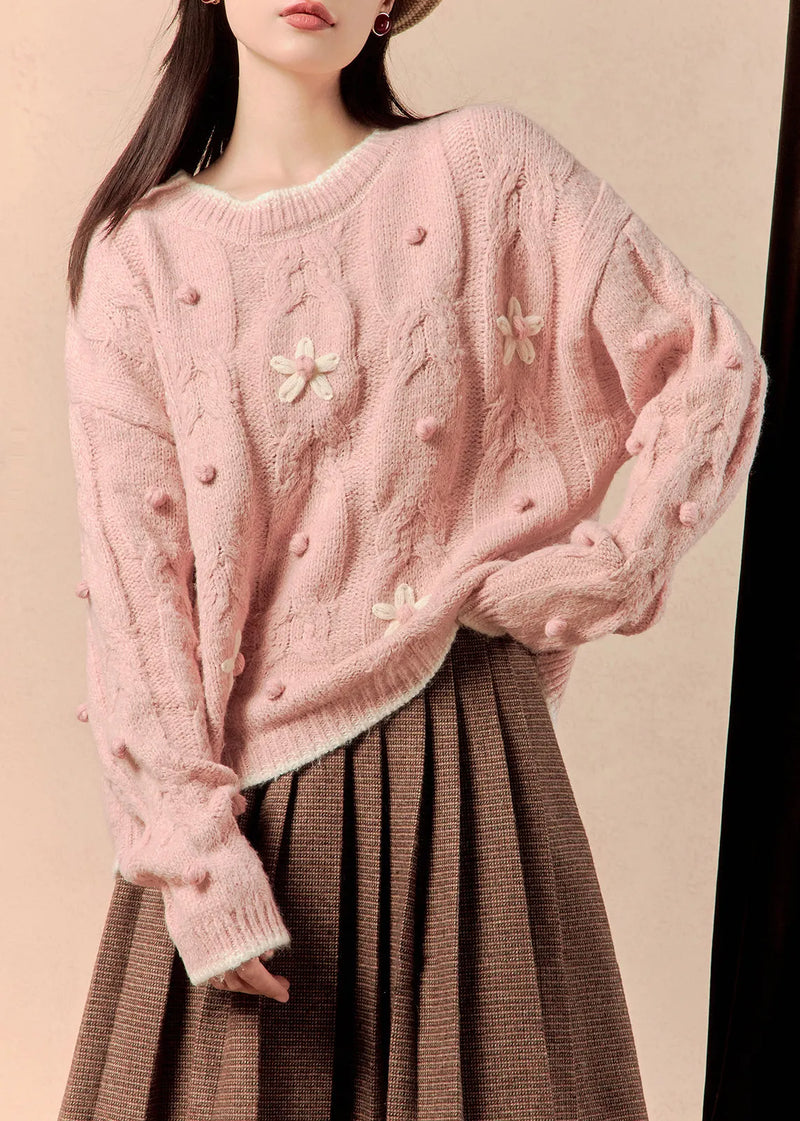 Pink Cozy Cotton Knit Sweaters O Neck Spring