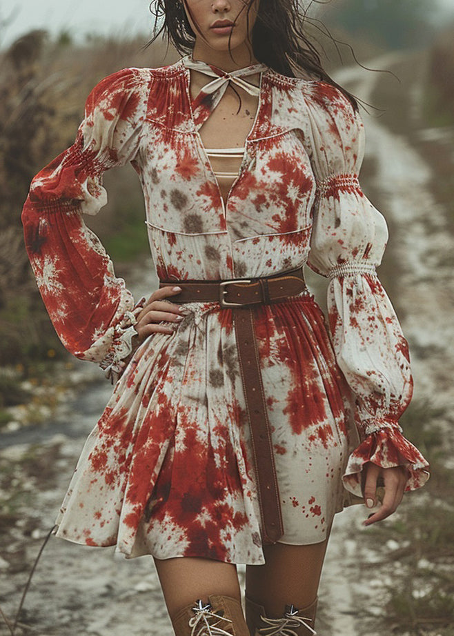 V Neck Tie Dye Pastoral Style Mid Dress Flare Sleeve