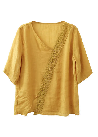 Brief Mulberry V Neck Embroidered Lace Patchwork Linen Top Short Sleeve