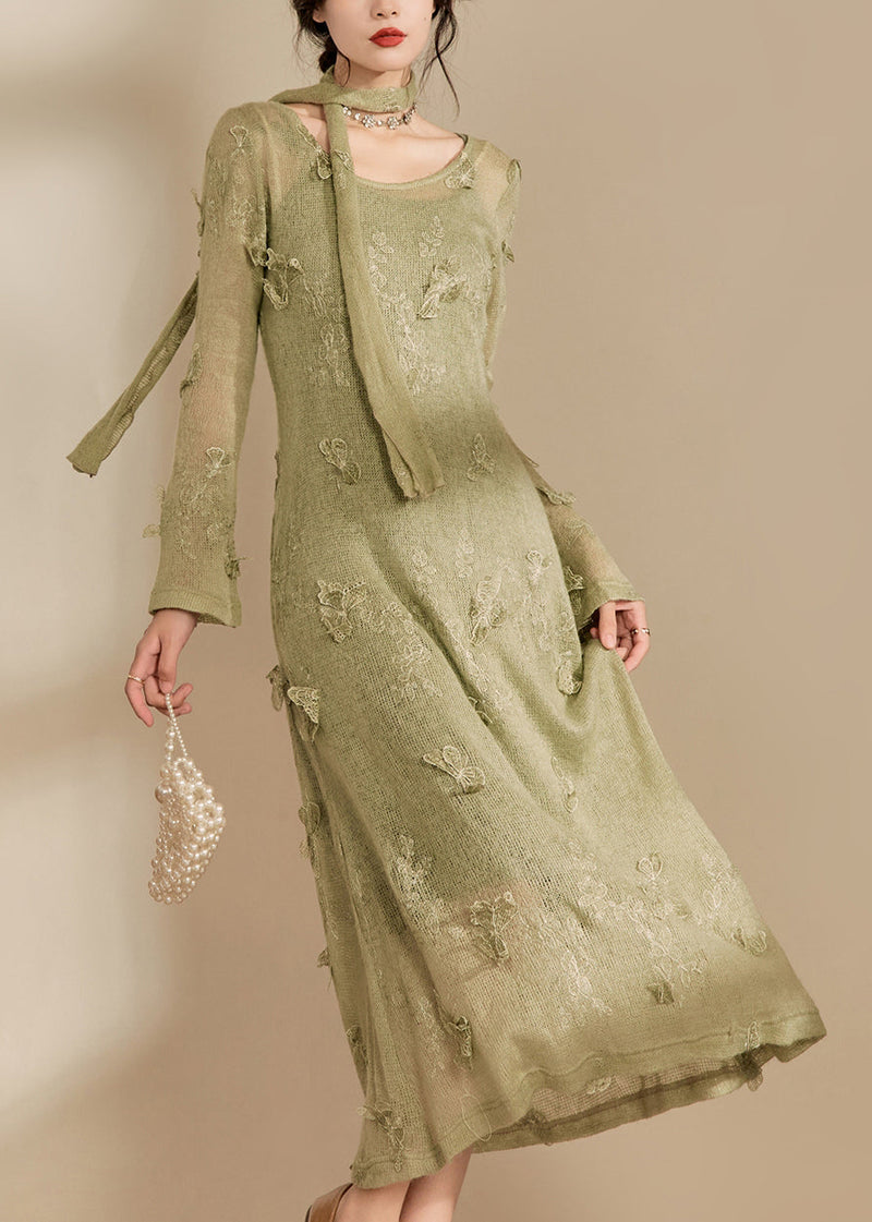 Stylish Light Green O-neck Butterfly Knit Long Dress Fall