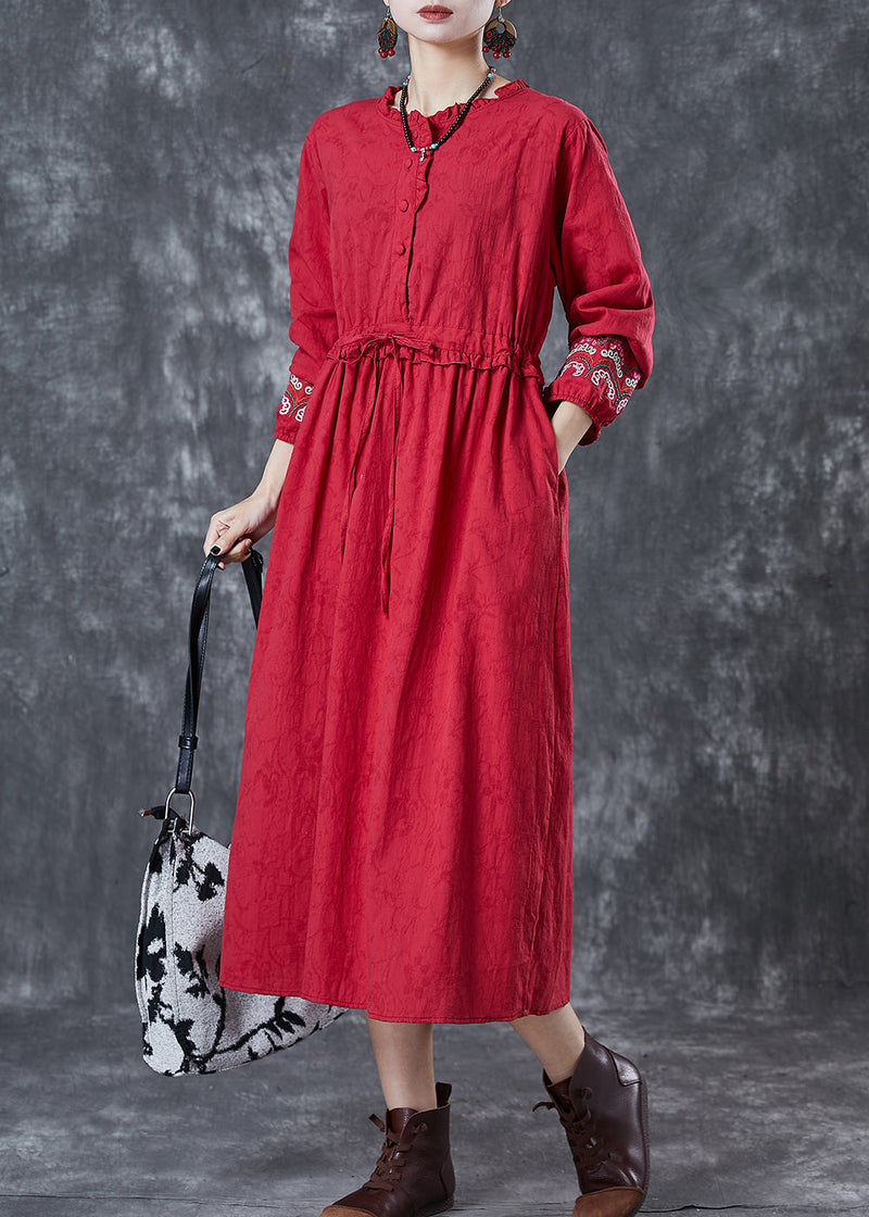 Red Embroidered Jacquard Cotton Cinched Dresses Fall
