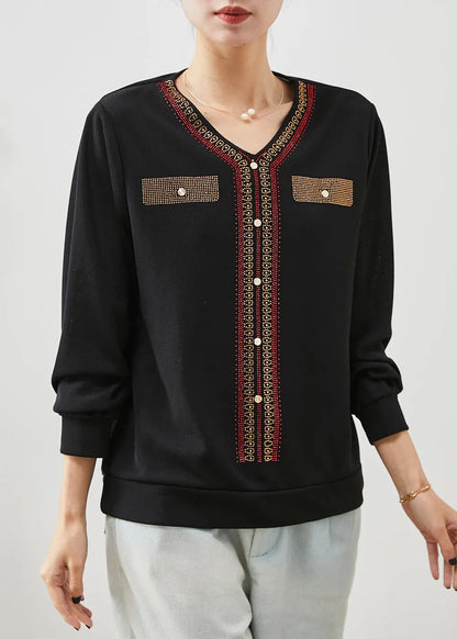Fine Black V Neck Zircon Cotton Tops Spring