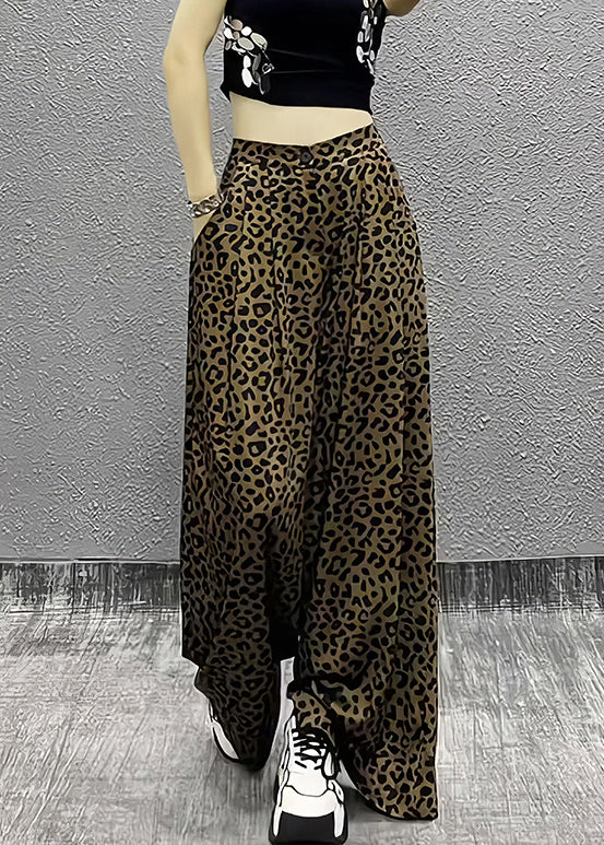Leopard Pockets High Waist Cotton Wide Leg Pants Summer