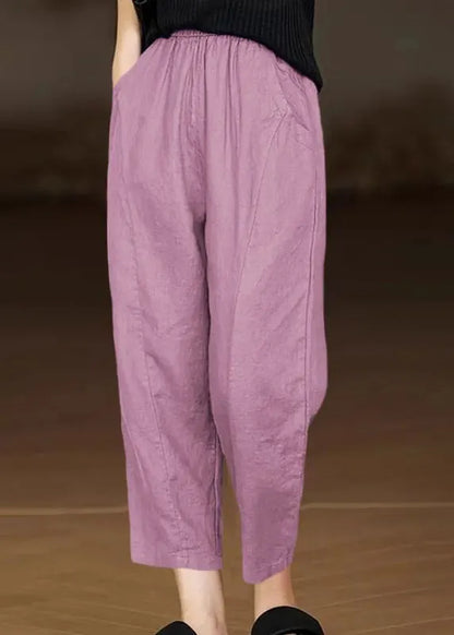 Yellow Pockets Elastic Waist Cotton Crop Pants Summer