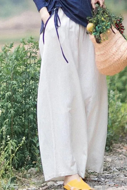White Linen Elastic Waist Wide Leg Pants