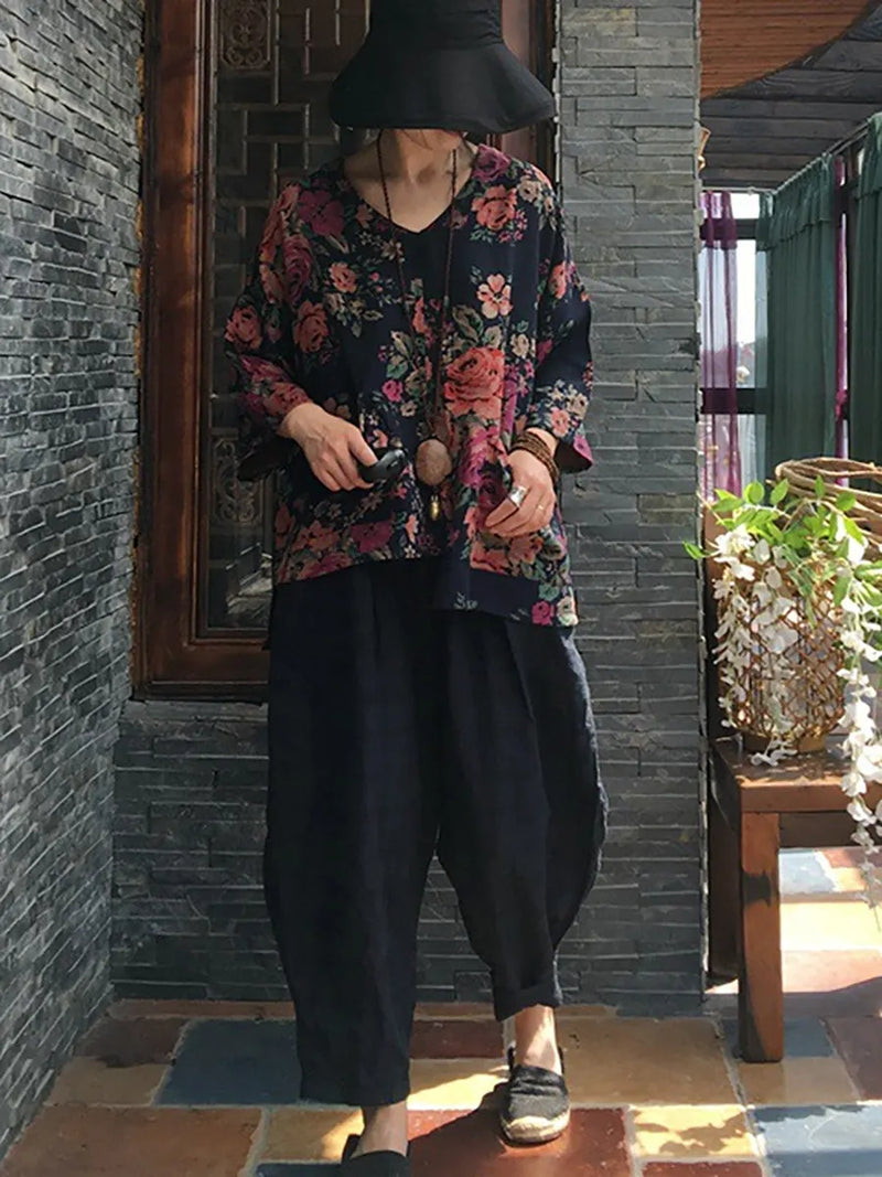V-neck Long Sleeve Cotton Blouse Shirt
