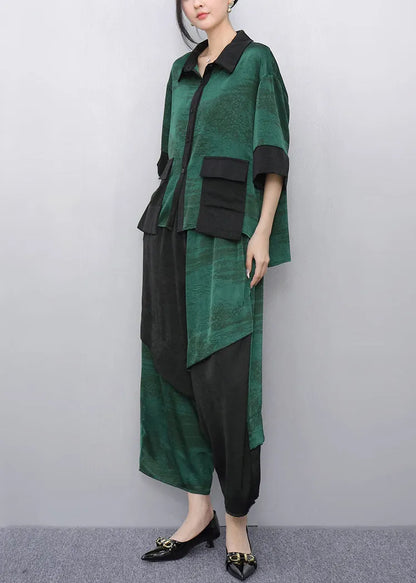 Green Peter Pan Collar Top and Wide Leg Pants Two Pieces Set Summer