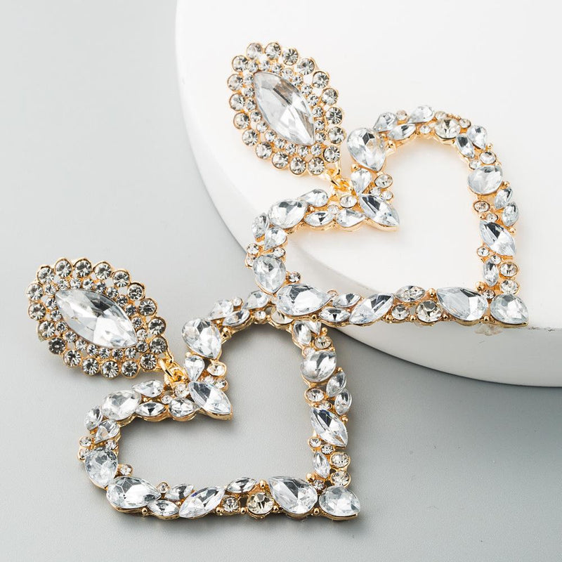 Heart-shaped Alloy With Colored Diamonds Retro Temperament Exaggerated Earrings
