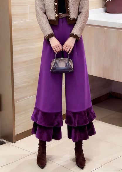 Purple Pockets High Waist Cotton Crop Pants Ruffled