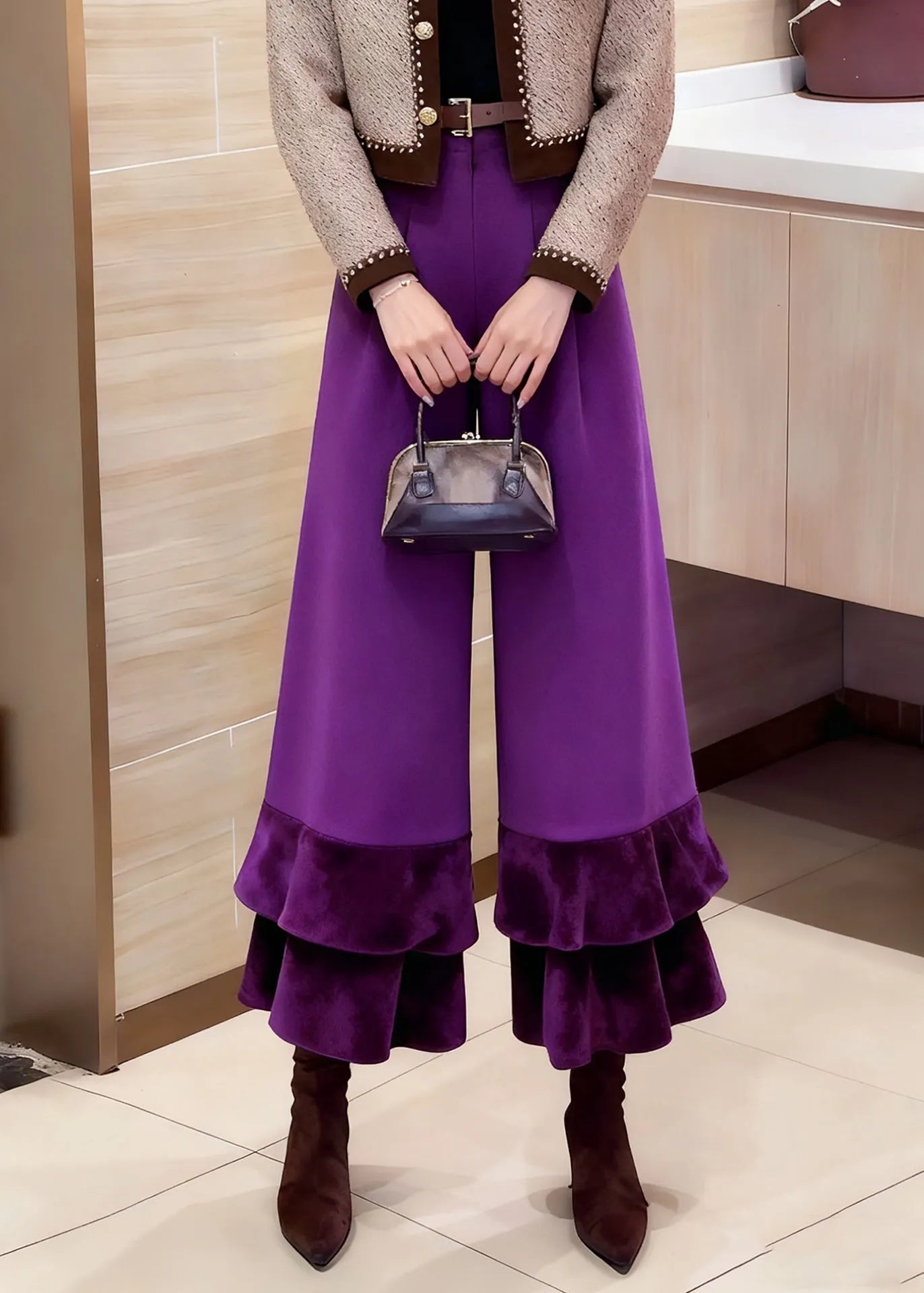 Purple Pockets High Waist Cotton Crop Pants Ruffled
