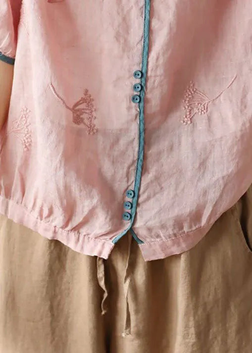 Pink Button Patchwork Linen Shirt Top Embroidered Summer