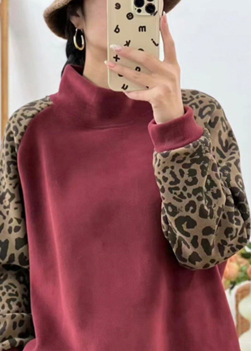 Red Hign Neck Leopard Patchwork Warm Fleece Sweatshirts Top Winter