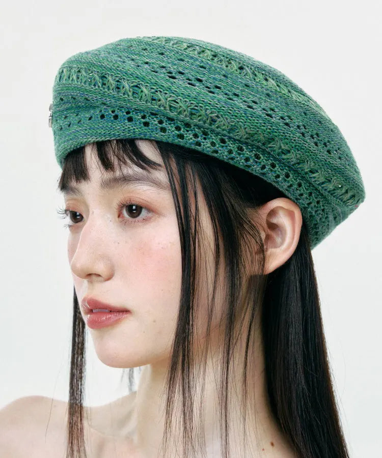 New Green Hollow Out Breathable Knit Beret Hat