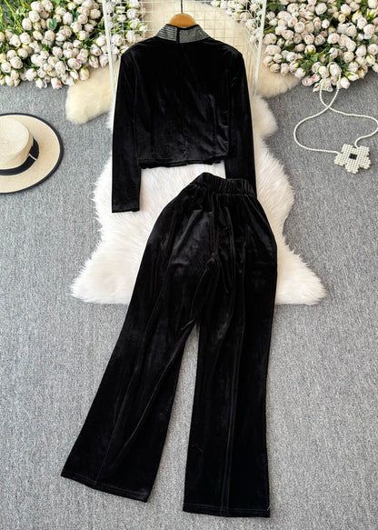 Boutique Black Patchwork Zircon Cardigans and Wide Leg Pants Two Pieces Set Spring