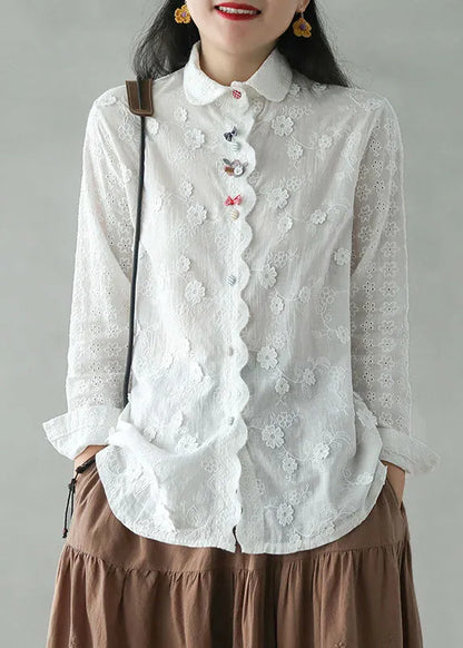 Diy White Embroidered Three-dimensional Cotton Shirt Top Long Sleeve