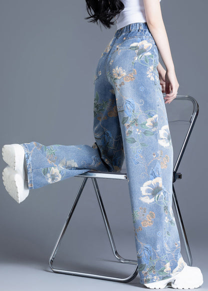 Blue Oversized Print Denim Straight Pants Spring