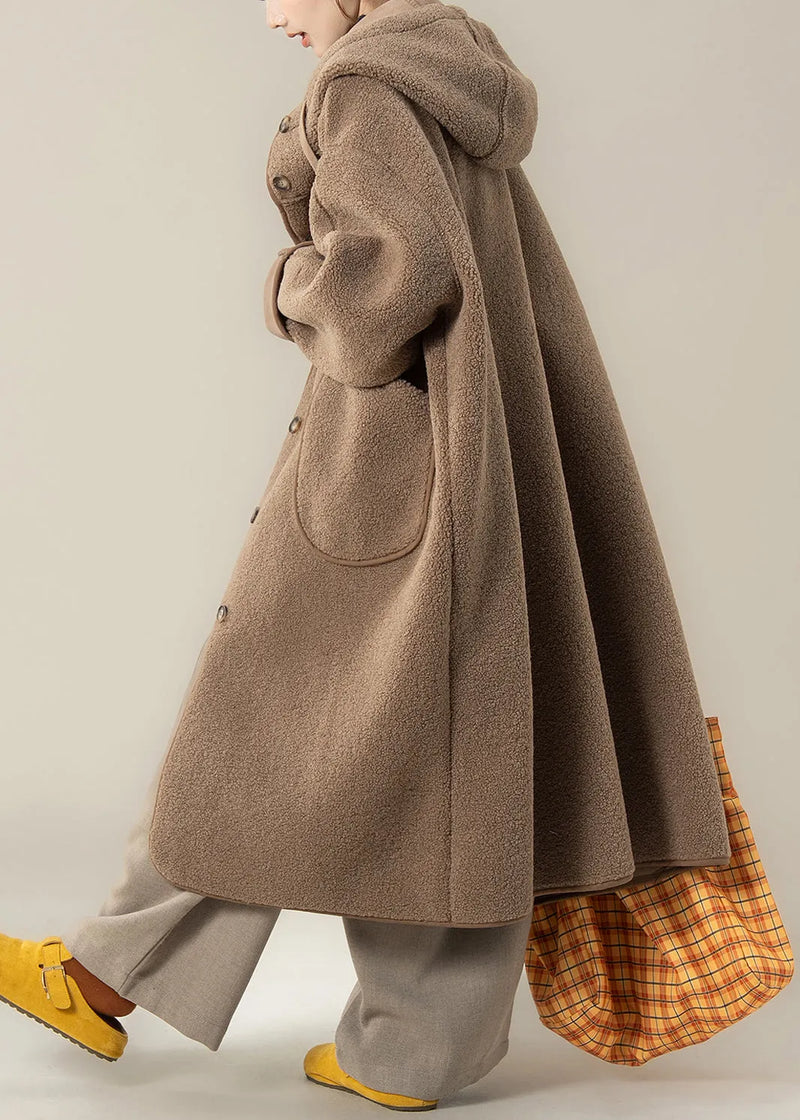 Loose Coffee Hooded Button Pockets Teddy Long Coats Winter
