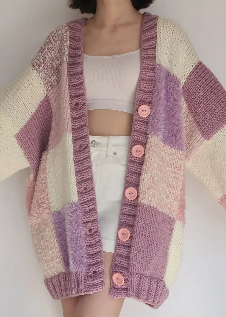 Yellow V Neck Plaid Button Knit Cardigans Fall