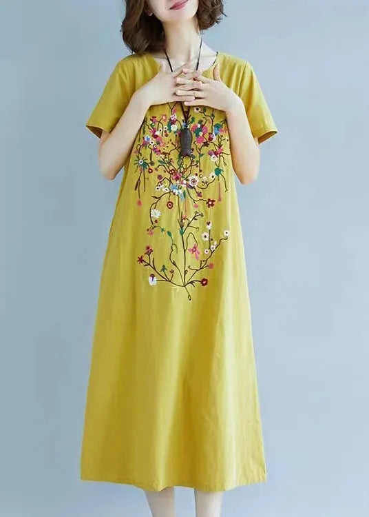 Yellow Fine Embroidered Linen Dress Summer