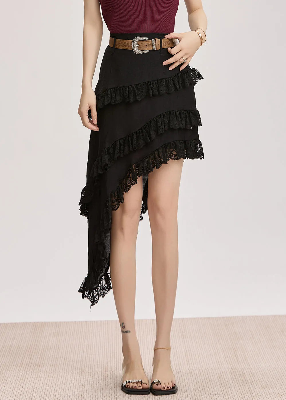 Slim Fit Black Asymmetrical Lace Patchwork Cotton Skirt Summer