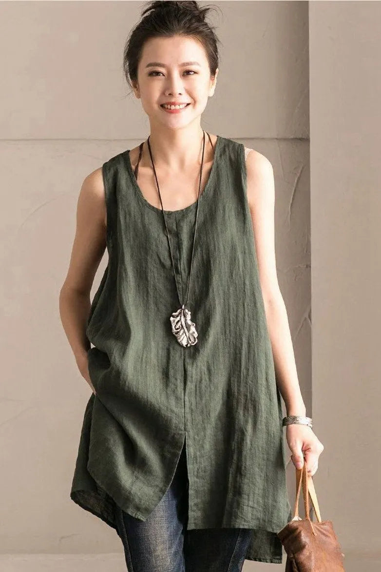 Green Cotton Linen Sleeveless Long Vest Summer for Outfits