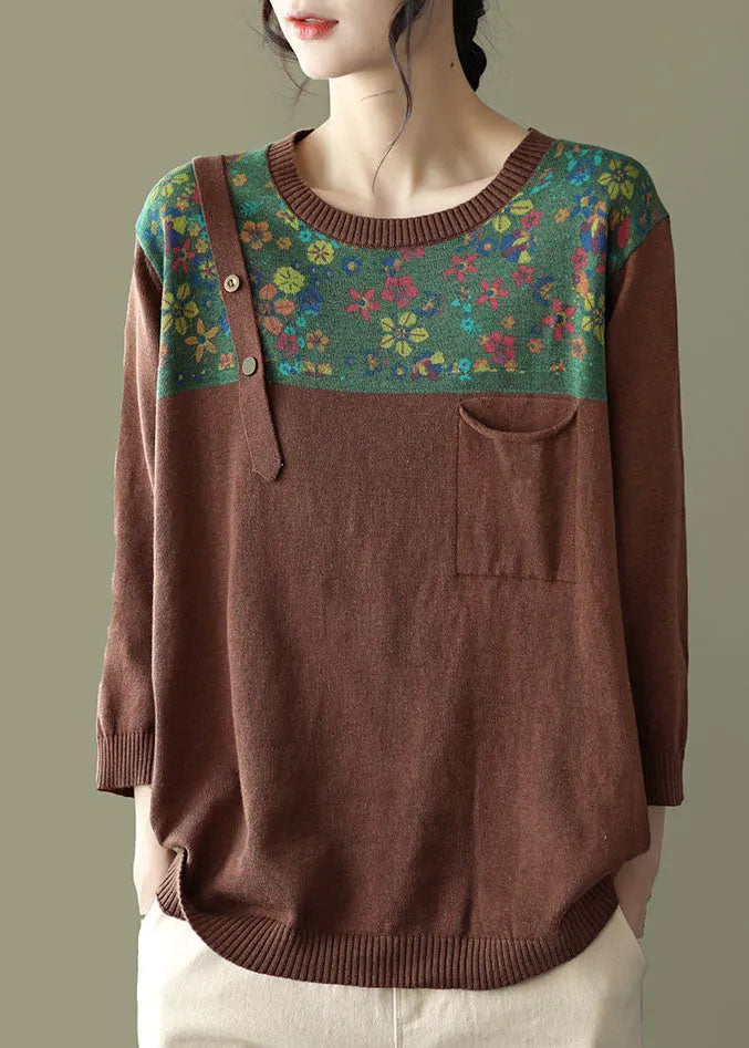 Loose Chocolate O-neck Button Patchwork Print Knit Tops Long Sleeve
