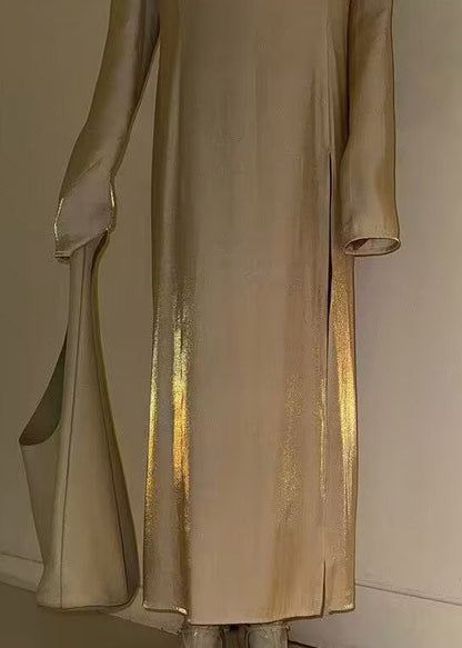 Classy Beige V Neck Side Open Silk Long Dress Spring