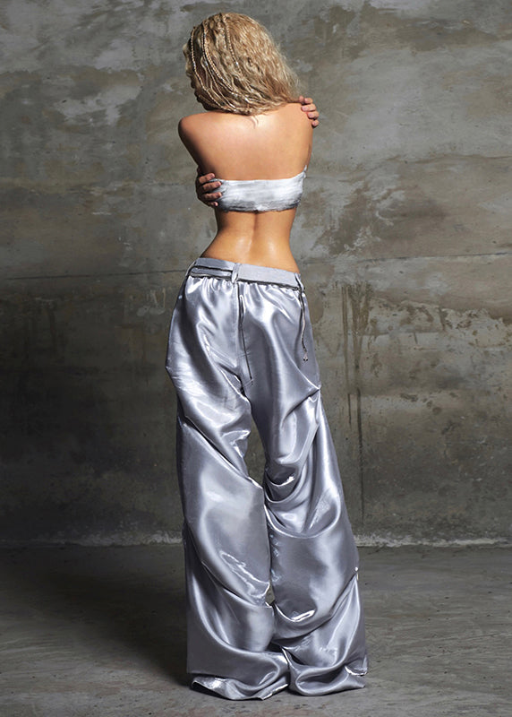 Grey Print Wrinkled Draping Silk Pants Spring