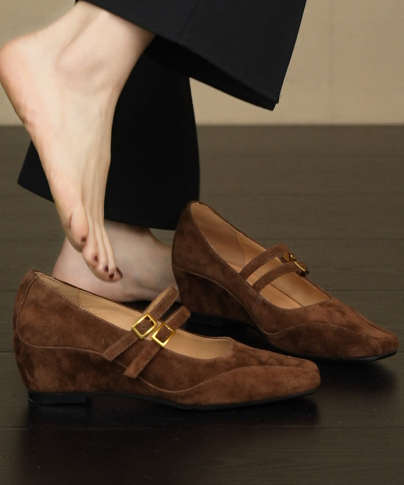 Brown Wedge Heels Shoes Suede New Splicing Buckle Strap