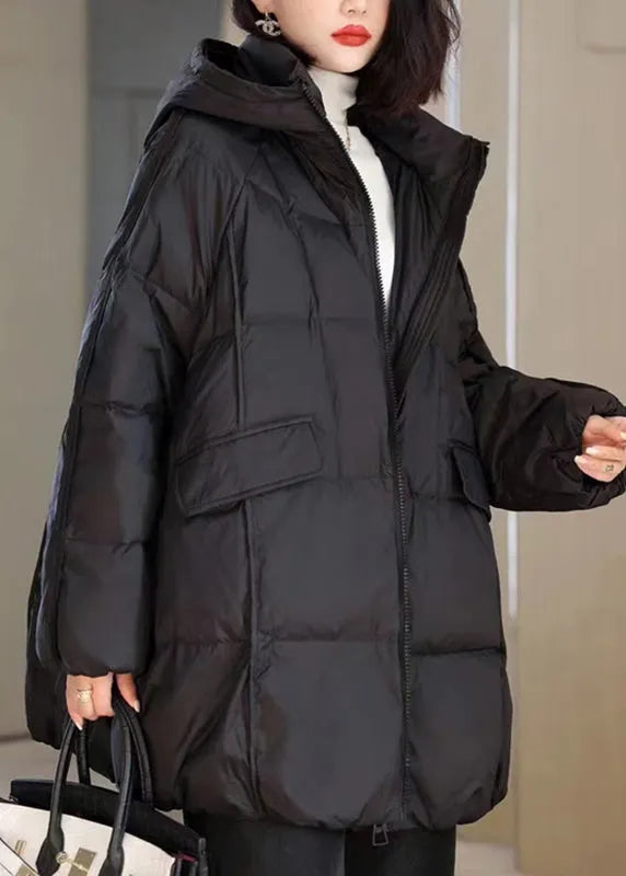 Natural Black Stand Collar Pockets Hooded Puffer Jacket Winter