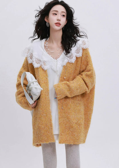 Orange Oversized Pockets Knit Cardigans Winter
