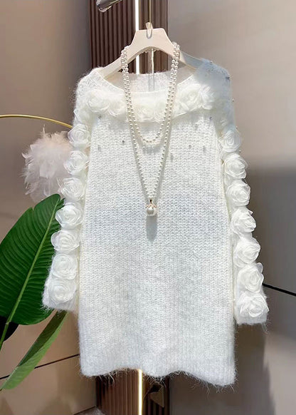 French White O Neck Knit Sweater Dress Spring