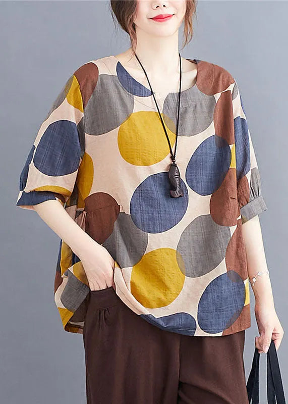 Coffee O Neck Print Patchwork Cotton T Shirts Summer