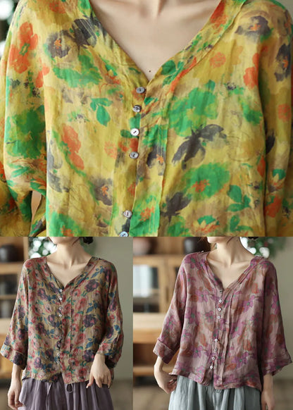 Coffee V Neck Print Linen Shirt Tops Summer