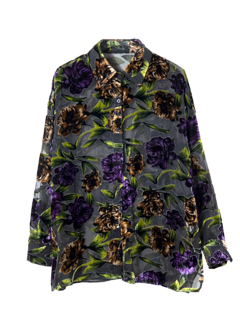 Handmade Green Peter Pan Collar Print Chiffon Shirts Spring