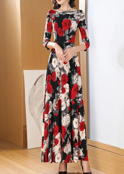 O Neck Print Chiffon Long Dress Bracelet Sleeve