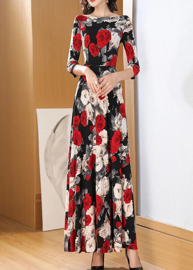 O Neck Print Chiffon Long Dress Bracelet Sleeve