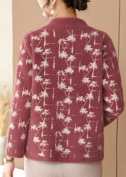 Red Print Mink Hair Knitted Cardigans Long Sleeve