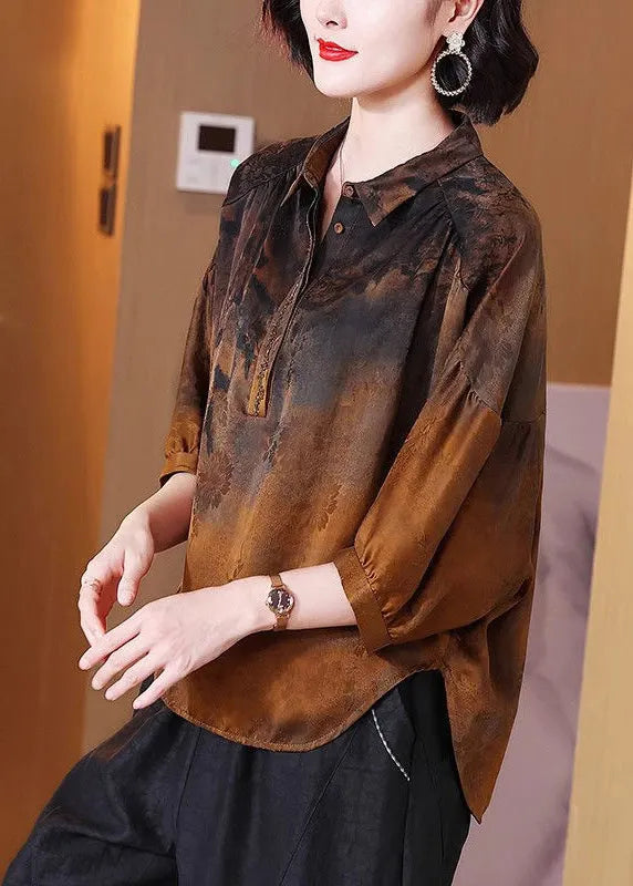 New Brown Peter Pan Collarbutton Silk Blouse Half Sleeve